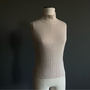 Carmen Marc Valvo Ribbed Mock Neck Beaded Sleeveless Knit Top Champagne